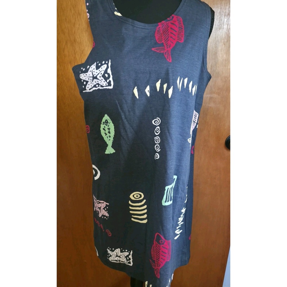 VTG Novelty Fish Print Tank Dress Womens Sz Medium Blue Starfish Coastal Beachy